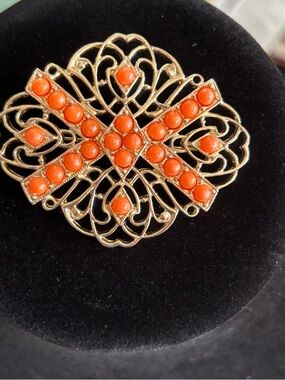 Vintage Sarah Coventry Gold-Tone Filigree Brooch with Orange Cabochons